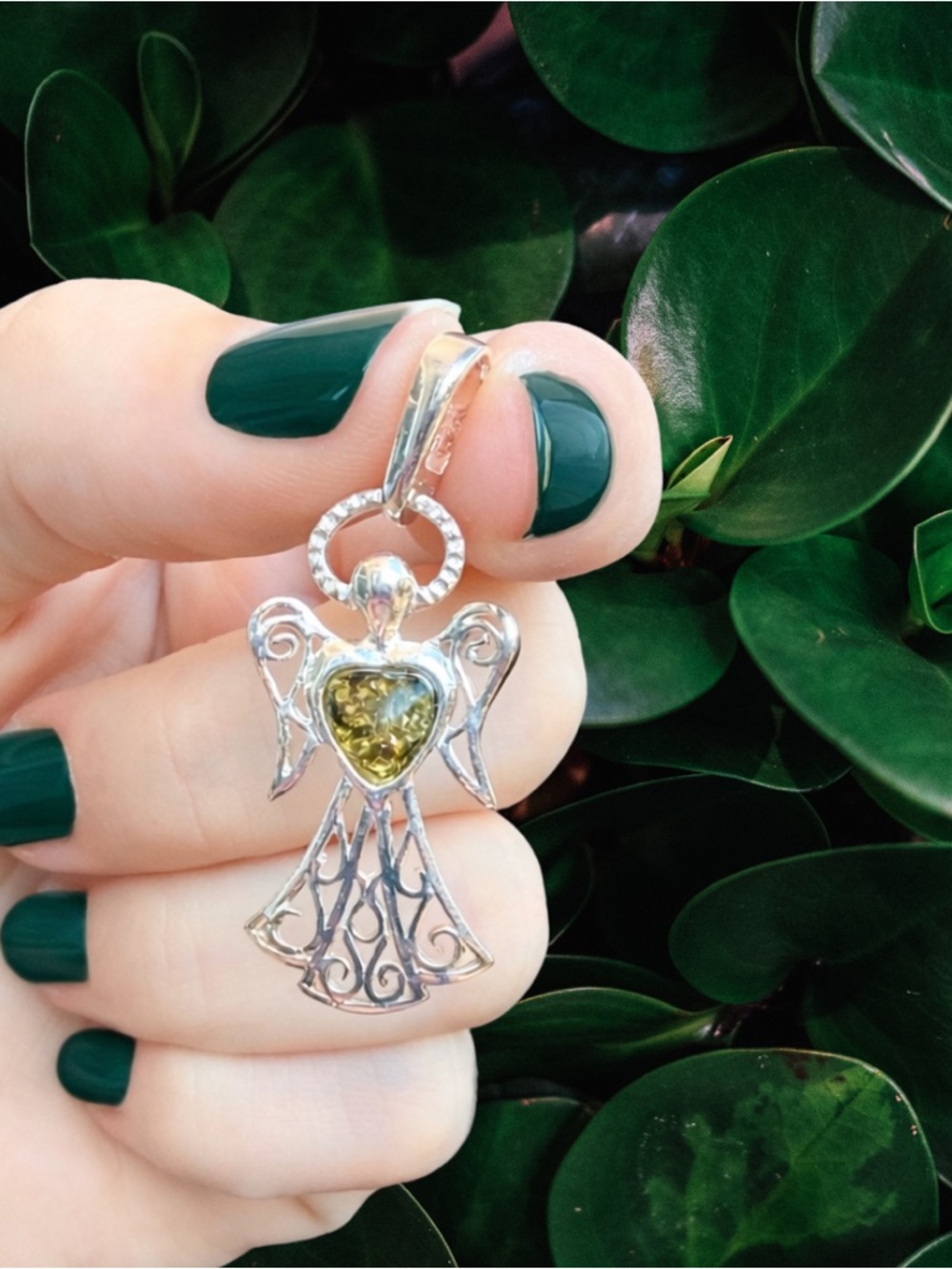 Sterling Silver Green Amber Heart Angel Pendant | New | 925 Signed